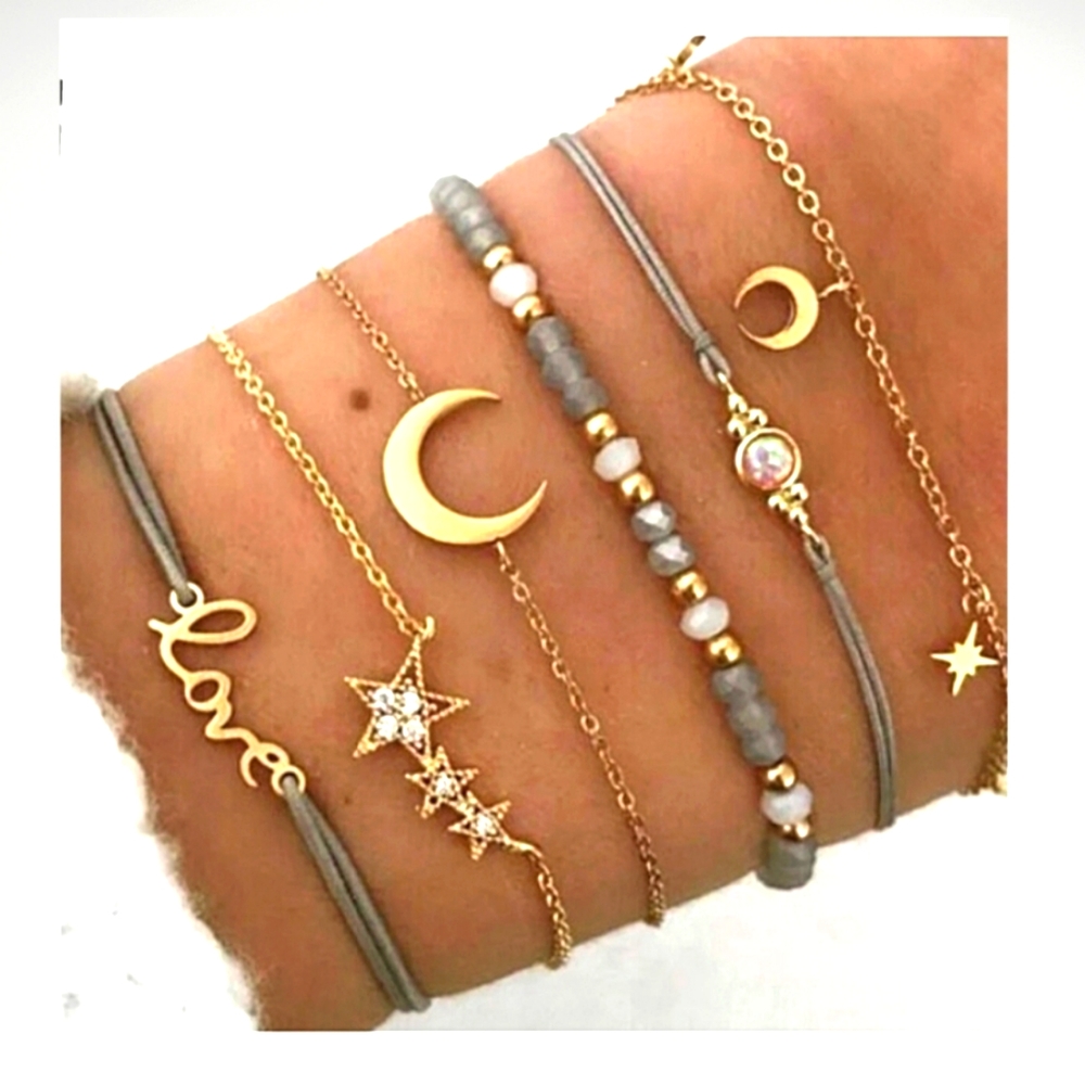 Moon Charm Layered Bracelet Set
